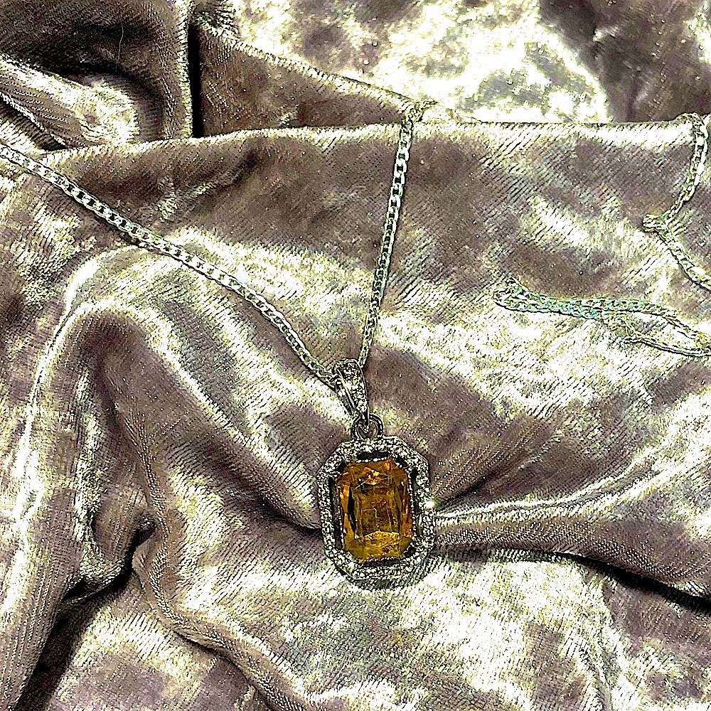 Emerald Cut Golden Topaz Halo Pendant in Silver
